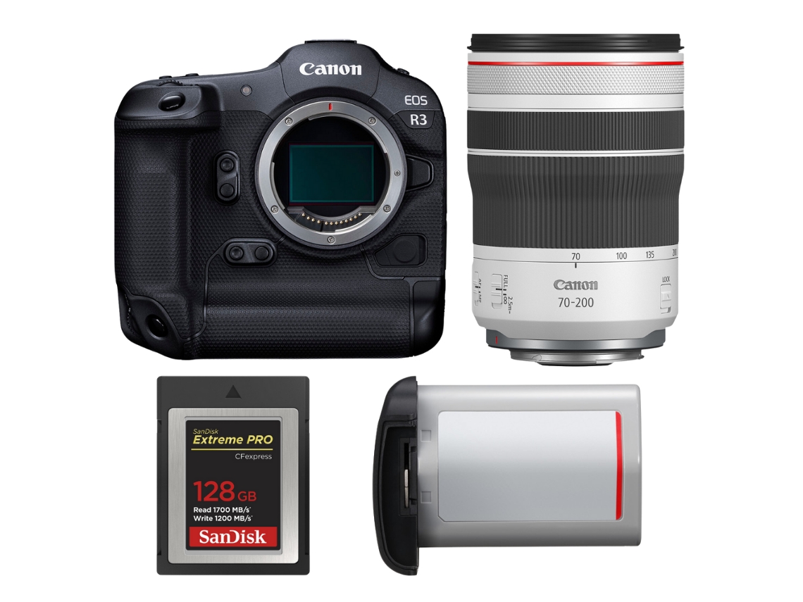 Eos R3 + Rf 70 200mm F/4 L Is Usm + 1 Sandisk 128gb Extreme Pro Cfexpress Type B + Canon Lp e19 + Ebook “20 Dicas para Fotos Que Impressionam” CANON