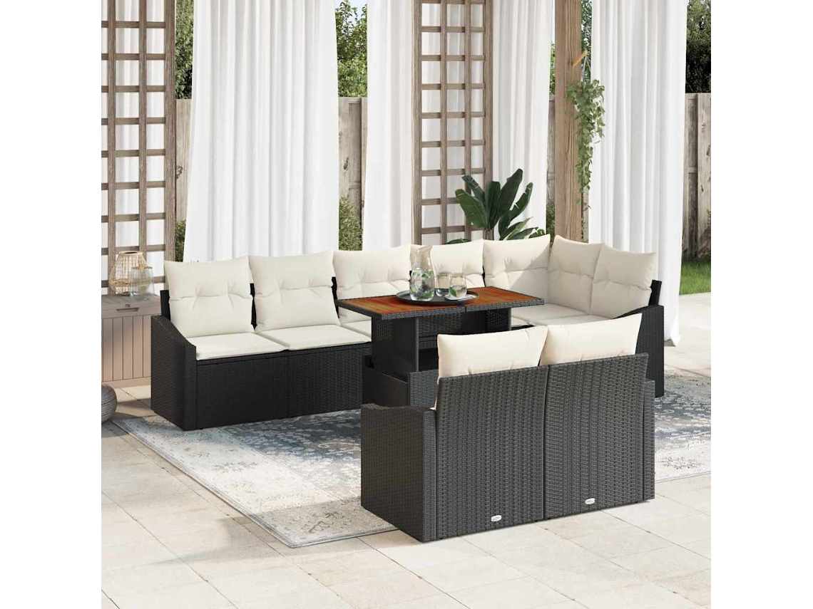 Vidaxl Conjunto De Sofá De Jardim Com Almofada 9 Pcs Preto E Creme