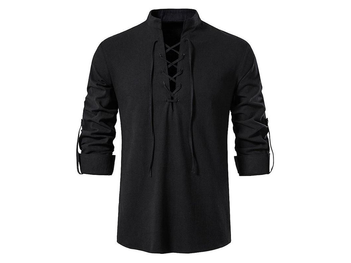 Camisa De Linho Casual De Manga Longa Com Gola De Cordão, Modelagem Solta, Ideal Para Vários Ocasiões Preto