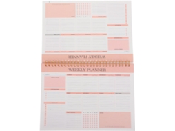 Agenda semanal rosa B5 com espiral, sem data.