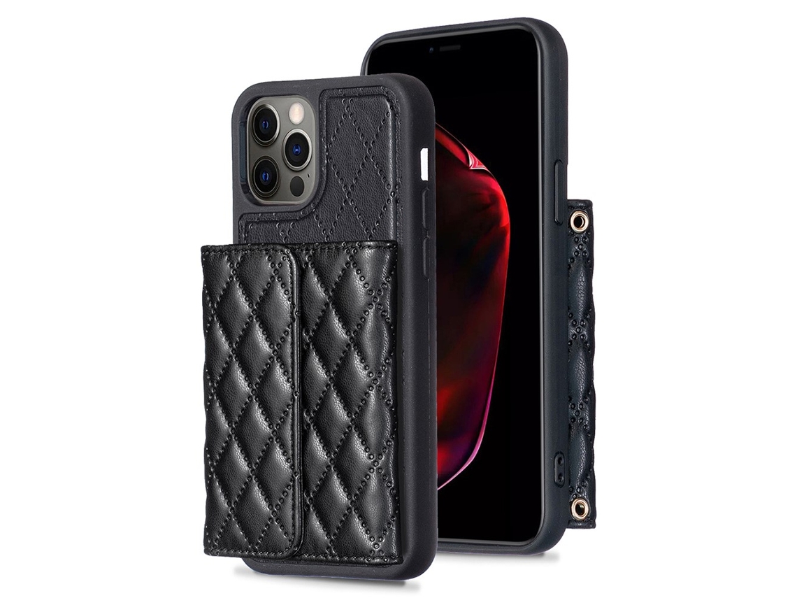 Capa Kickstand Cartões Para Iphone 12 Pele Sintética Preto