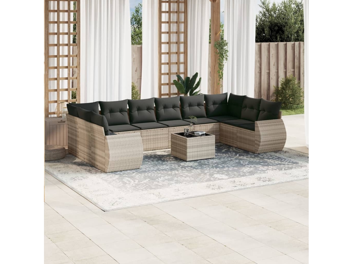 Vidaxl 11 Pcs Conjunto Sofás De Jardim C/ Almofadões Vime Pe Cinzento