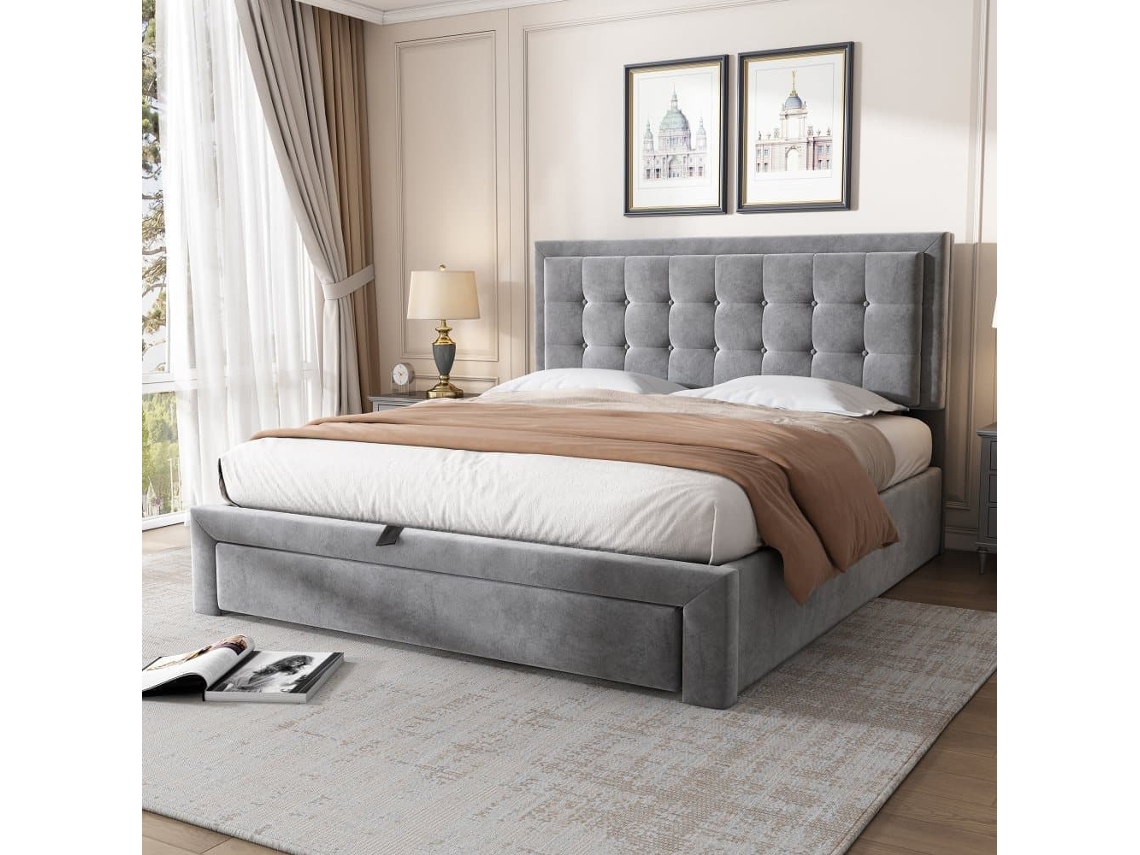 Cama Contentor Estofada Em Veludo 140x190cm - Com Gaveta E Estrado De Molas - Cinzento (sem Colchão)