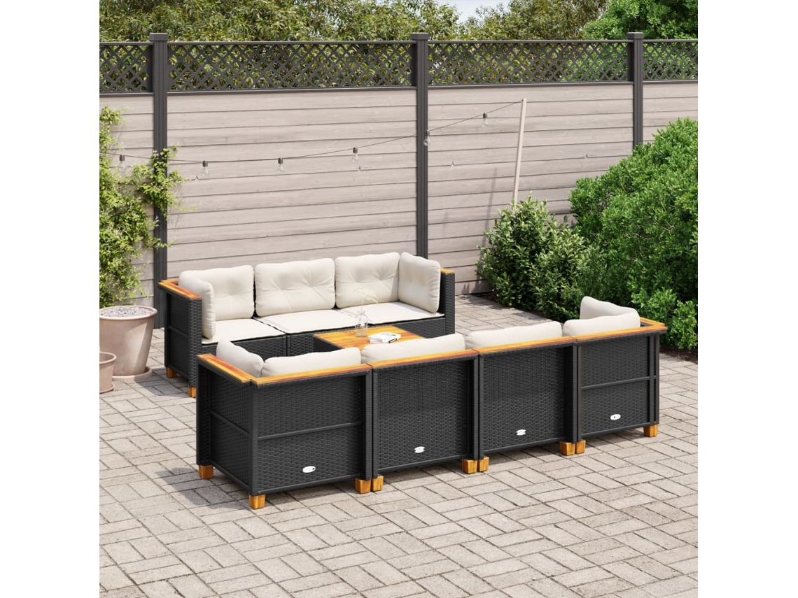 Vidaxl 8 Pcs Conjunto Sofás De Jardim Com Almofadões Vime Pe Preto