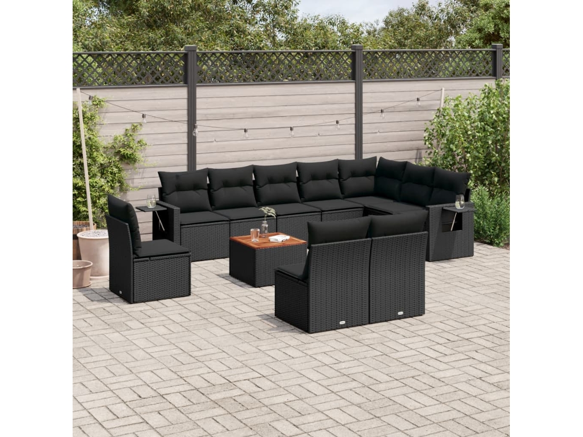 Vidaxl 11 Pcs Conjunto Sofás De Jardim C/ Almofadões Vime Pe Preto