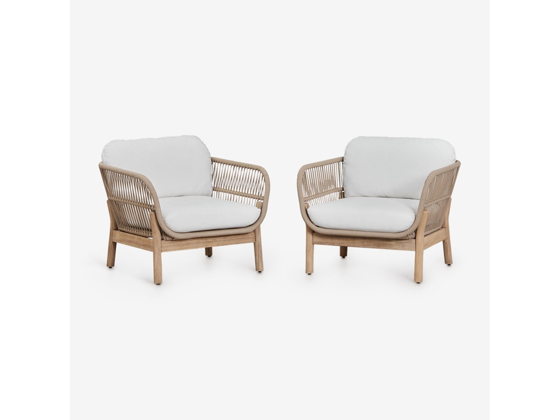 Sklum Pack De 2 Poltronas Em Madeira De Acácia E Corda Trançada Karvia Poliéster         Marrom Acácia Claro              Tecido Branco