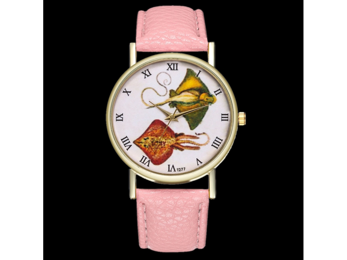 Relógio de quartzo unissex casual e moderno com pulseira de couro rosa.