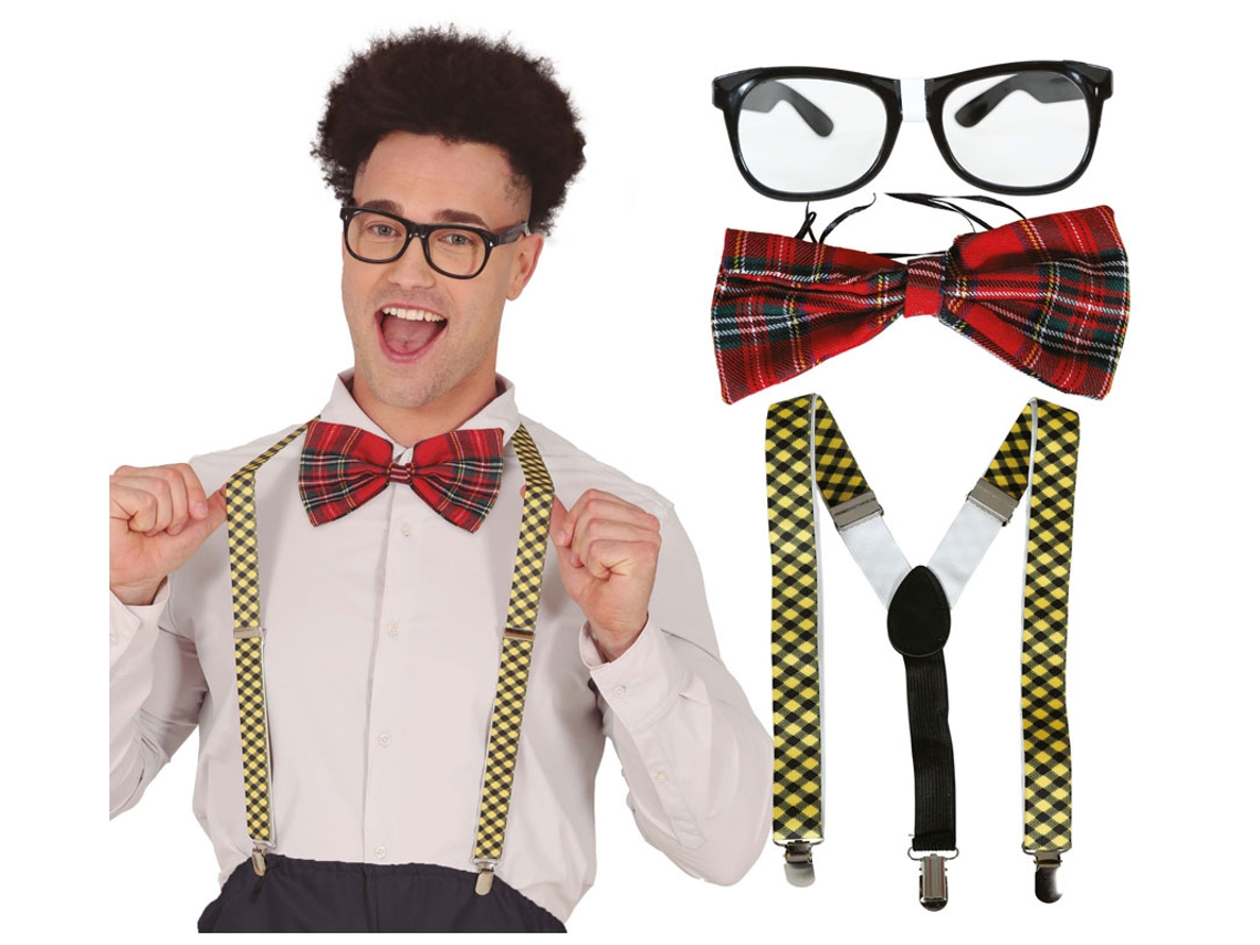 Kit Nerd para estudante adulto óculos, gravata borboleta e suspensórios