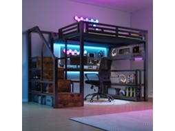 Cama Alta 140x200cm Ferro Prateleira Grelha Led Mesa Usb/typ-c Preto