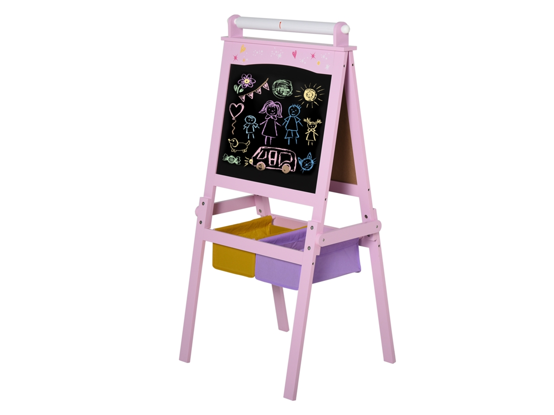 Cavalete Infantil 3 em 1 Cavalete de Arte para Crianças com Quadro Rolo de Papel e 2 Cestos 58,5x50,5x118 Cm Rosa Ge