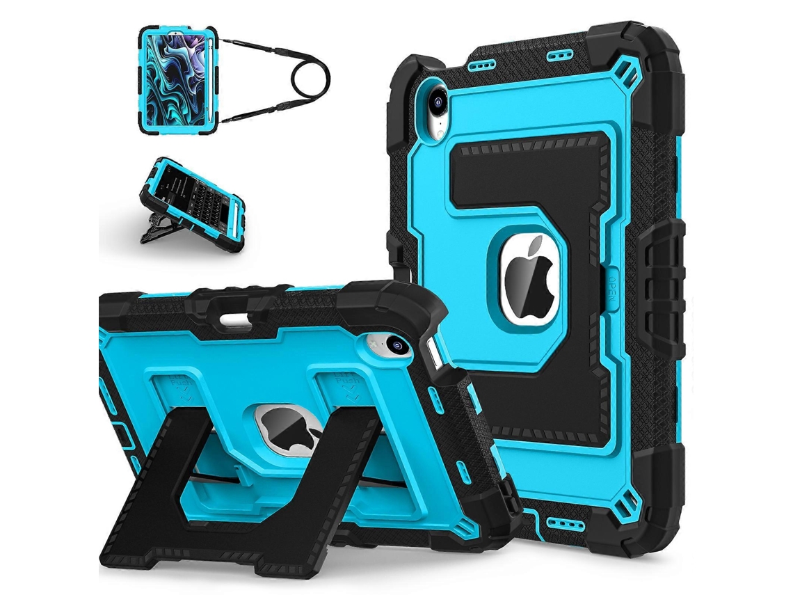 Capa para iPad Mini (2021) com suporte, alça e compartimento para caneta, capa de silicone antiderrapante, preta/azul, Hengrongshen (2024)