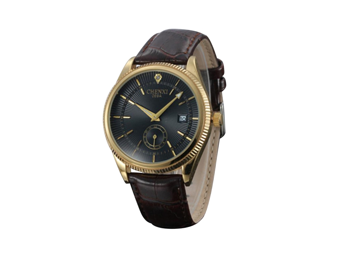 Relógio de pulso masculino Fashion em couro PU, redondo, quartzo, preto e dourado.