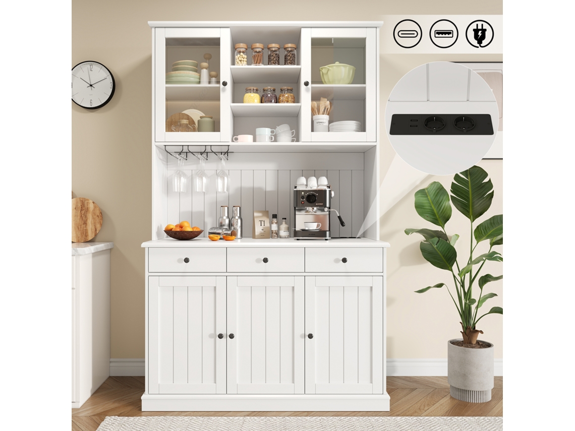 Armário Buffet 120x40x191cm, Portas Vidro, Tomadas Usb, Alças Branco/preto. Ge