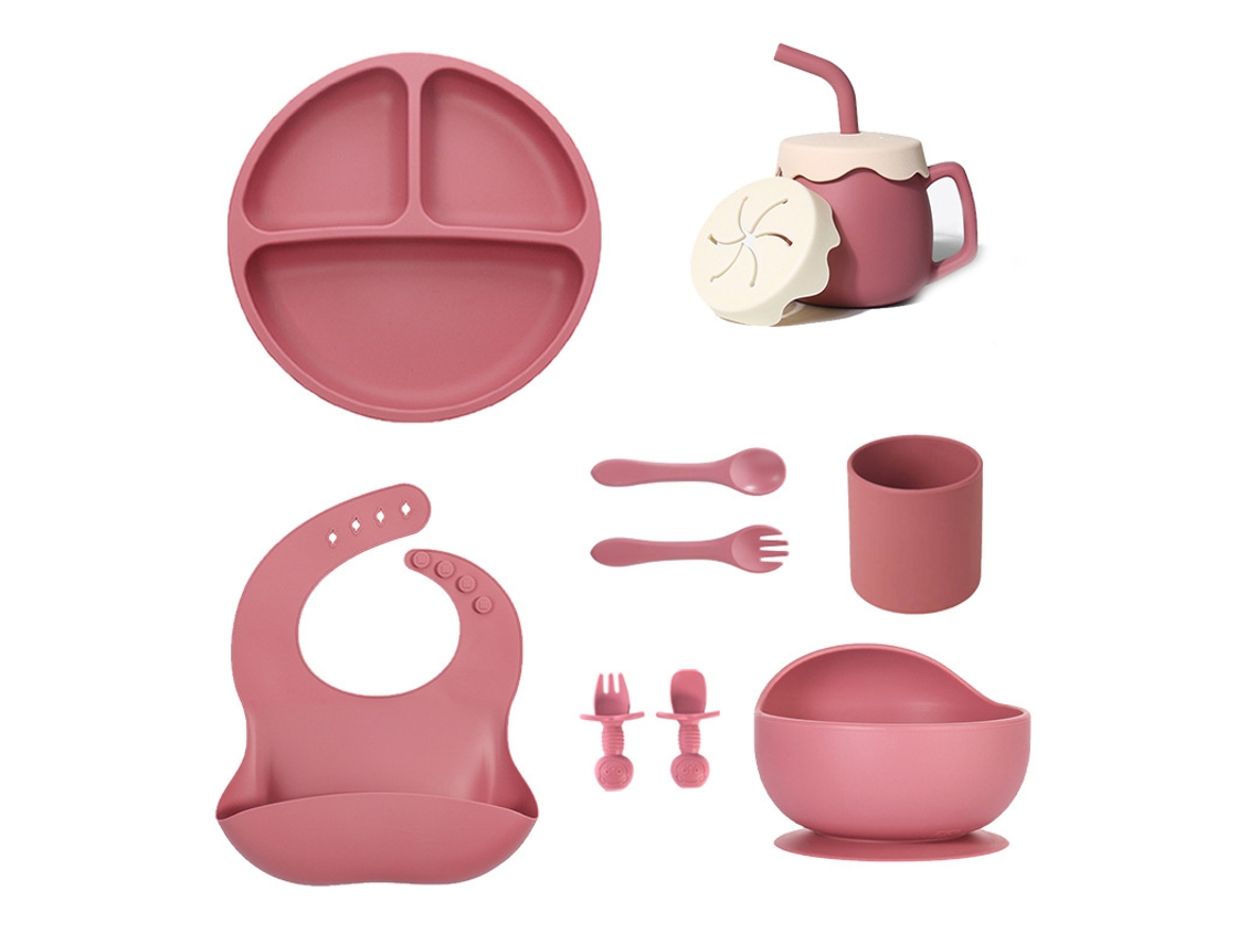 Conjunto de Loiça Infantil, Conjunto de 10 Peças, Prato de Silicone com Ventosa. Rosa Escuro CZHHMART