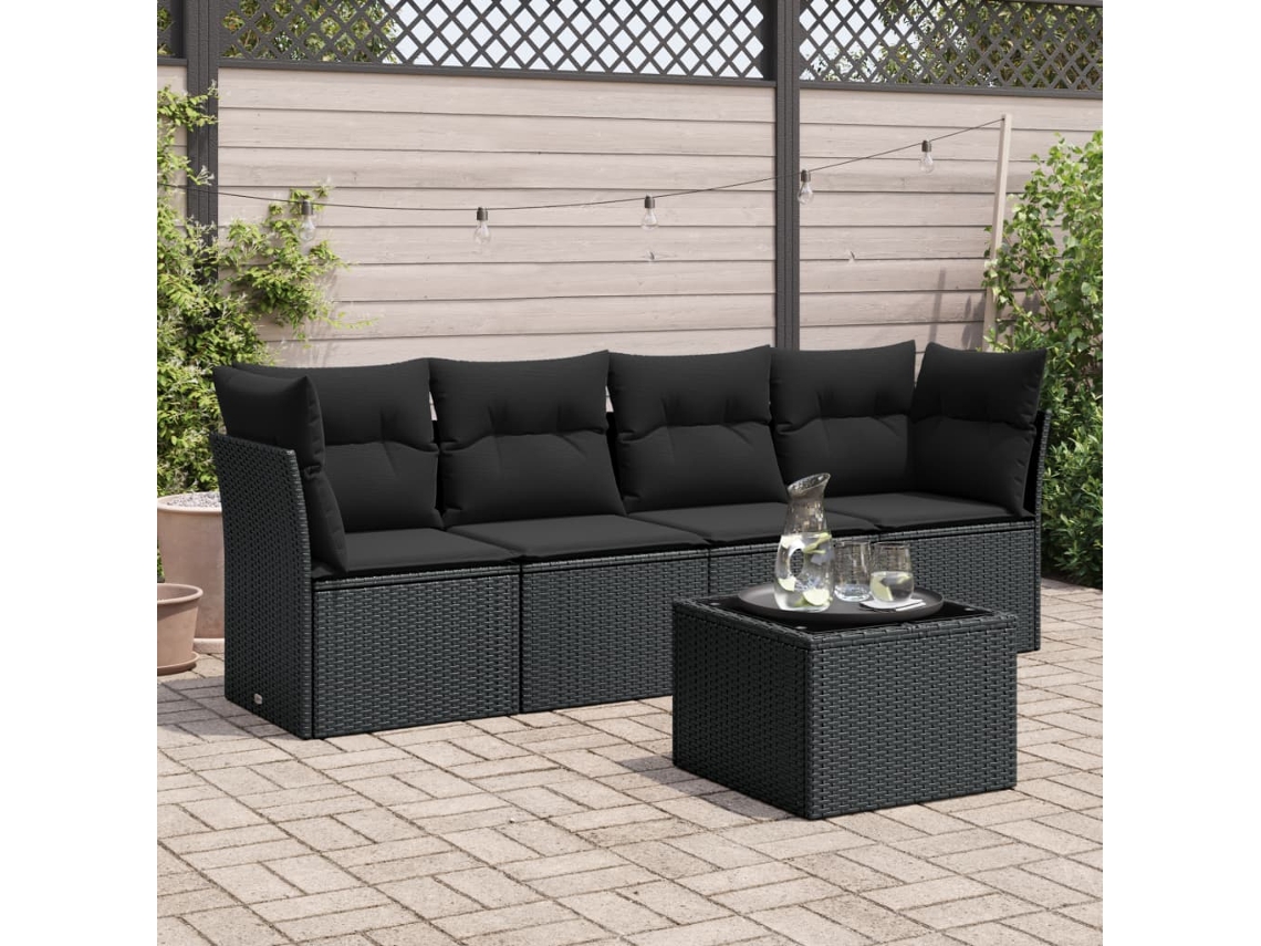 Vidaxl 5 Pcs Conjunto Sofás De Jardim Com Almofadões Vime Pe Preto