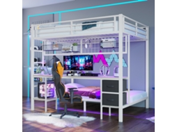 Cama alta metálica 90/140x200 cm com gavetas, prateleiras, escrivaninha, iluminação LED de 7 cores, USB, branca VSOGA