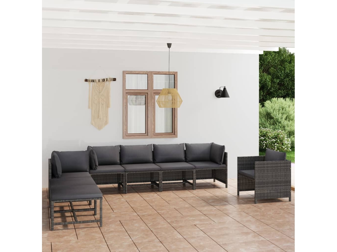 Vidaxl 8 Pcs Conjunto Lounge De Jardim C/ Almofadões Vime Pe Cinzento