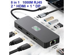 Yizhood 8 em 1 Usb 3.2 Hub 4k60hz Docking Station Suporte Hdmi Dp 3.0 1000m C Tipo Cinza
