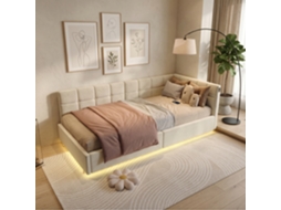 Cama De Dia 90x200 Cm Estofada Com Arrumação Hidráulica, Led, Usb E Tecido Aveludado, Sofá Durante O Dia, Encosto Confortável, Bege