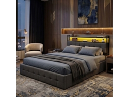 Cama de casal em tecido com led rgb, carregador USB e arrumação hidráulica 140x200 cm LAZYSPACE