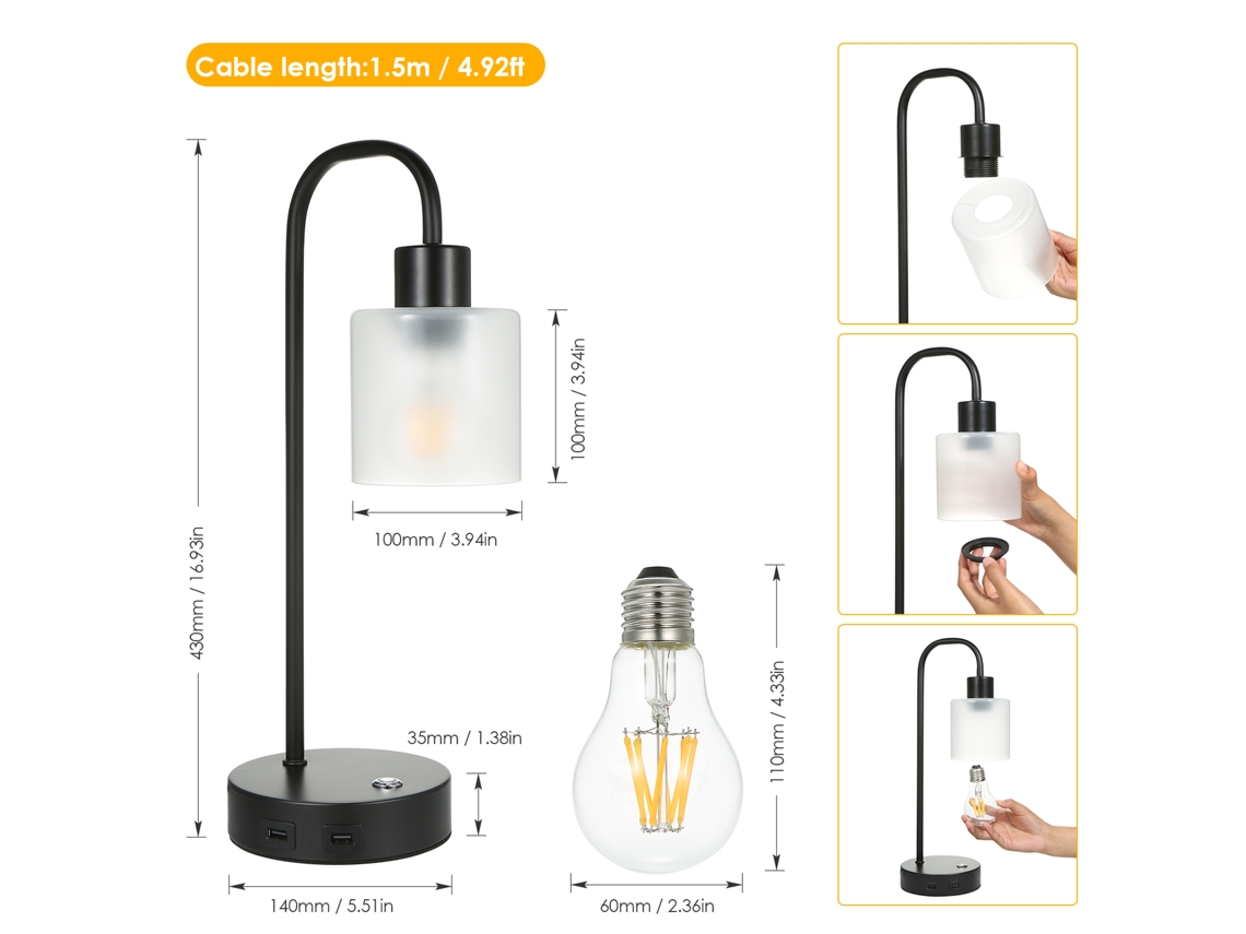 Lâmpada de Mesa Industrial com Controle por Toque, Dimmer, Duas Portas Usb 2.1a, 8w Incluída | S/MARCA