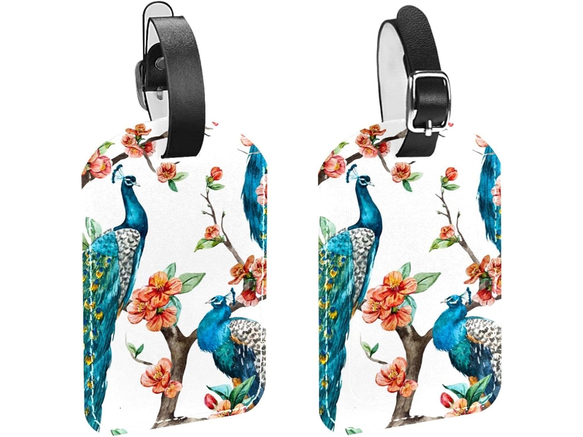 Conjunto De 2 Lindas Etiquetas Identificação Malas E Bagagens Com Estampa Pavão Verde