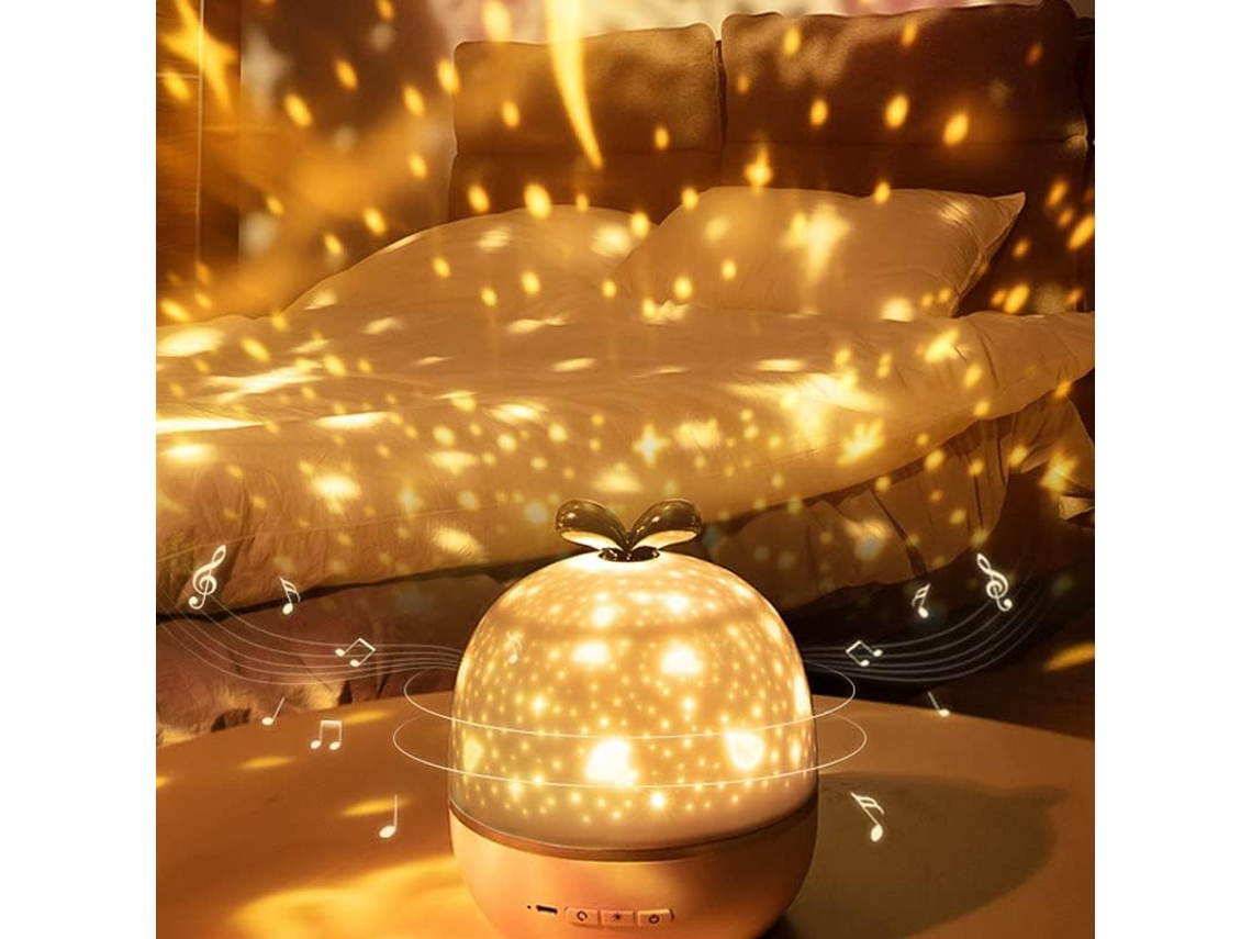 Projetor de luz noturna LED com lua e estrelas, rotação de 360°, design