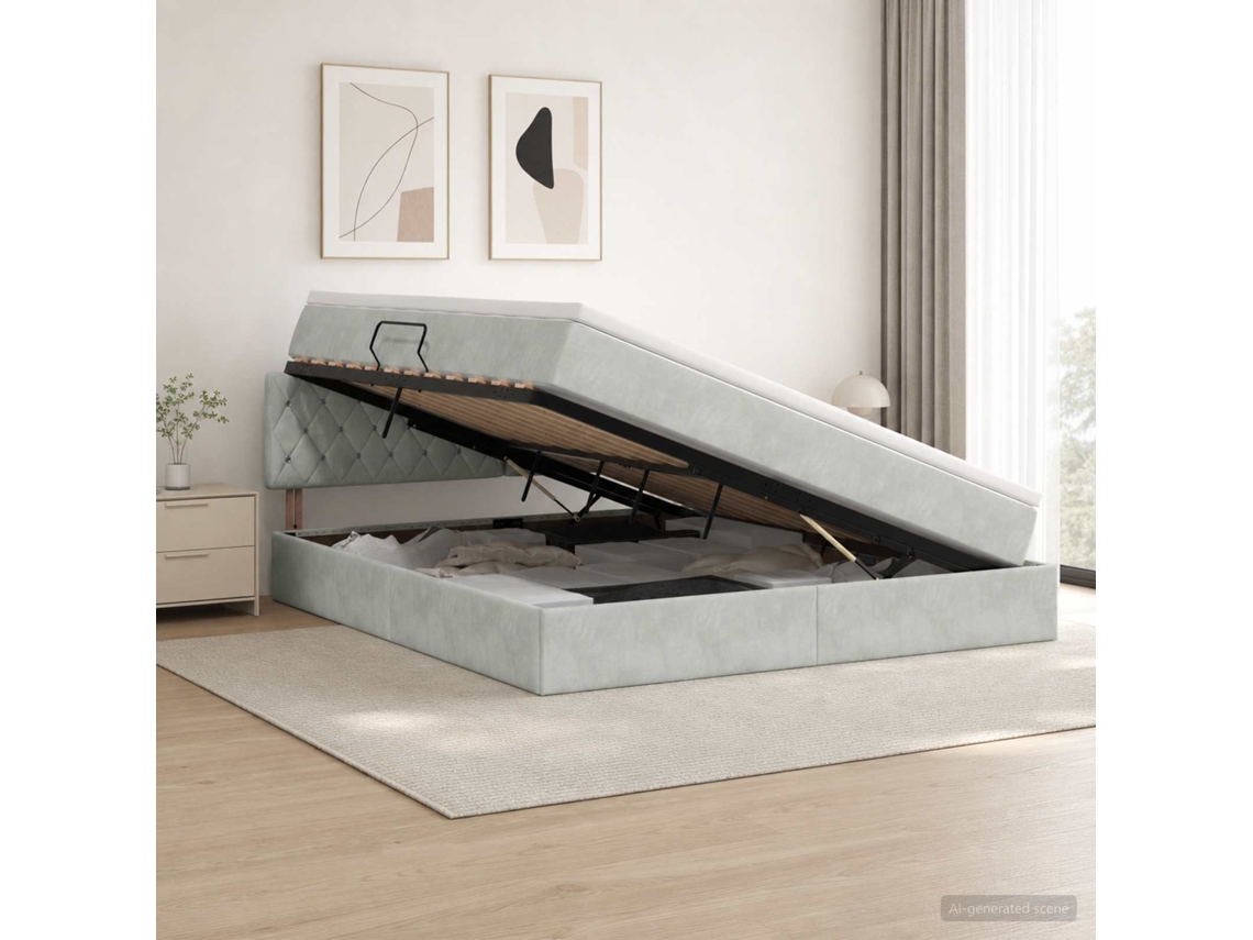 Vidaxl Cama Com Armazenamento Cinzento-claro 140 X 190 Cm Veludo