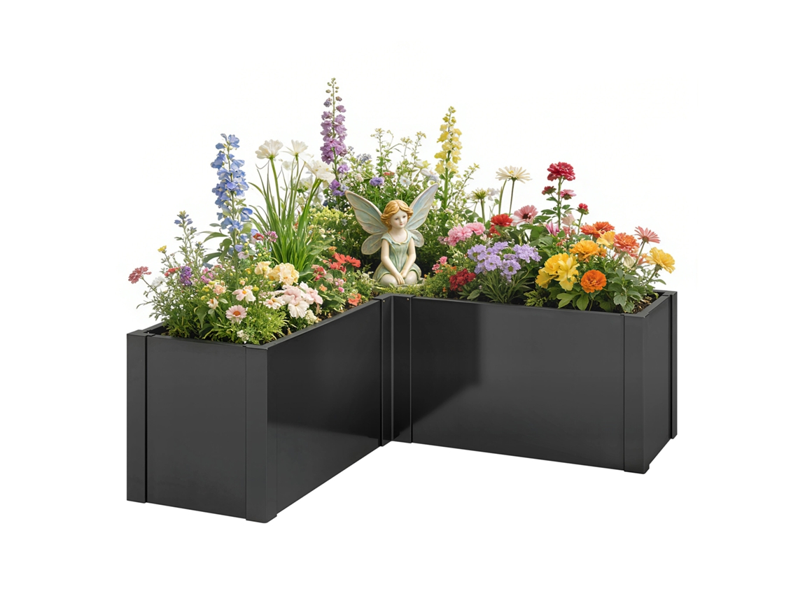 Canteiro Elevado em Formato de L, Resistente Ao Clima. Estrutura Fria de Canteiro Feita de Aço Galvanizado 150 X 150 X 55 Cm Preto Ge