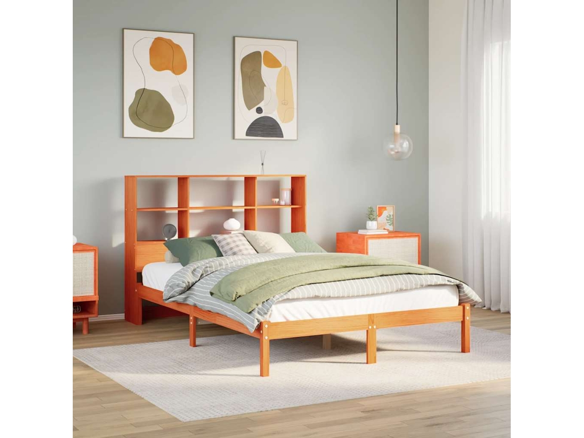 Vidaxl Cama Com Estante Sem Colchão 140x190 Cm Pinho Maciço