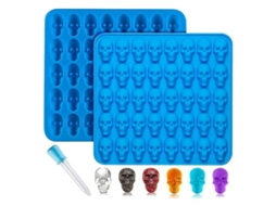 Molde de silicone Rebe em formato de caveira, com 2 peças e conta-gotas, antiaderente, próprio para alimentos, para chocolates e balas de goma, azul.