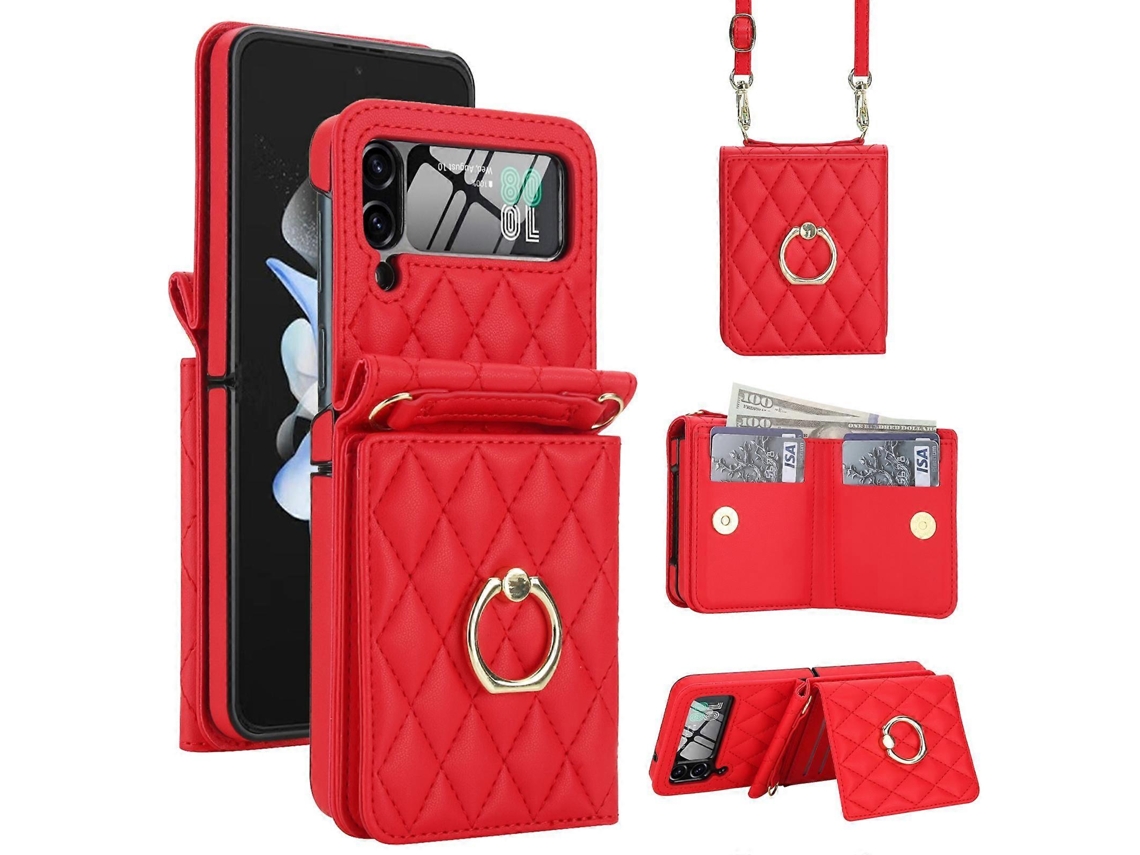 Capa Para Celular Samsung Galaxy Z Flip4 5g Com Textura Rômbica Integrada, Compartimento Para Cartão Rfid E Cordão Longo.
