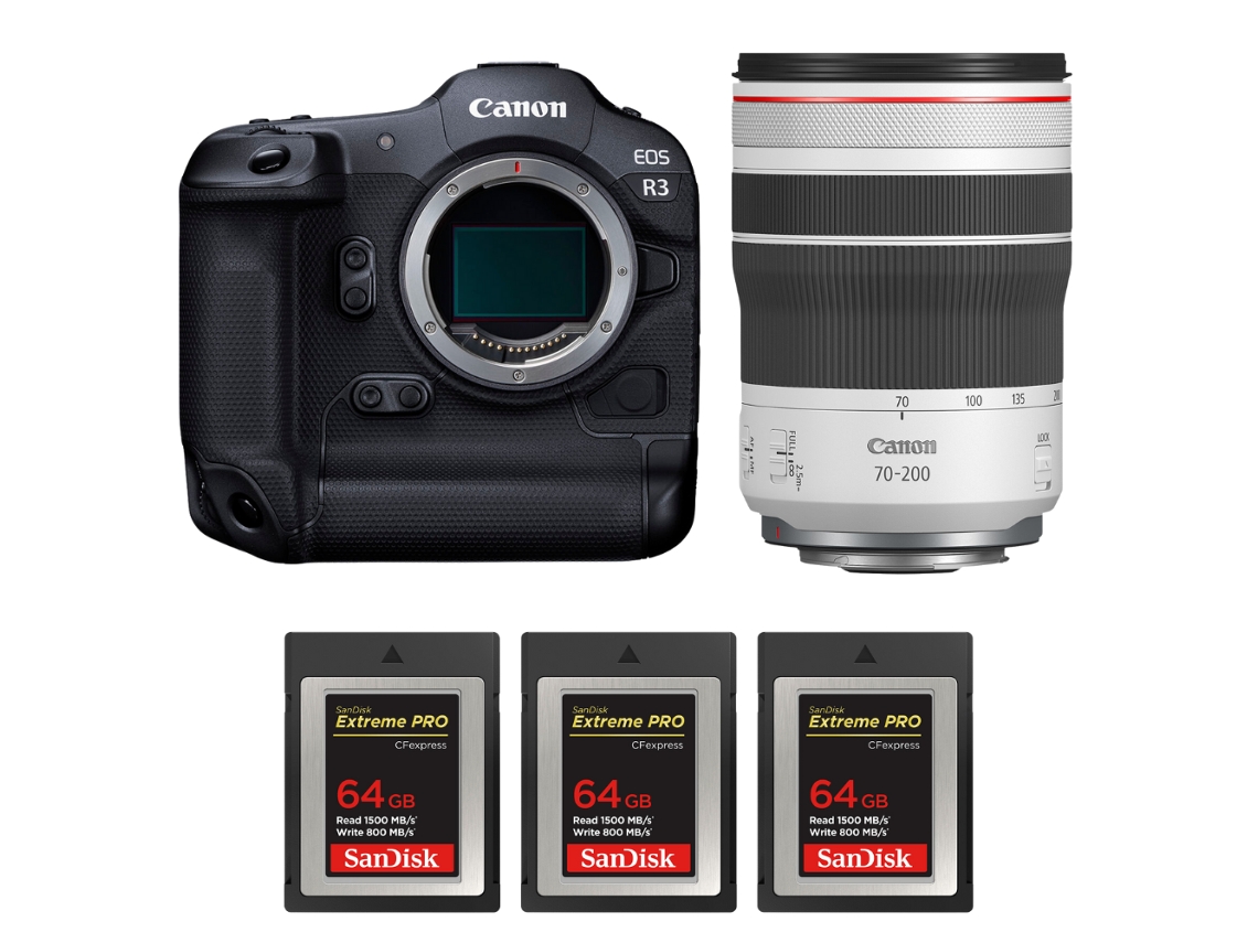 Eos R3 + Rf 70 200mm F/4 L Is Usm + 3 Sandisk 64gb Extreme Pro Cfexpress Type B + Ebook “20 Dicas para Fotos Que Impressionam” CANON