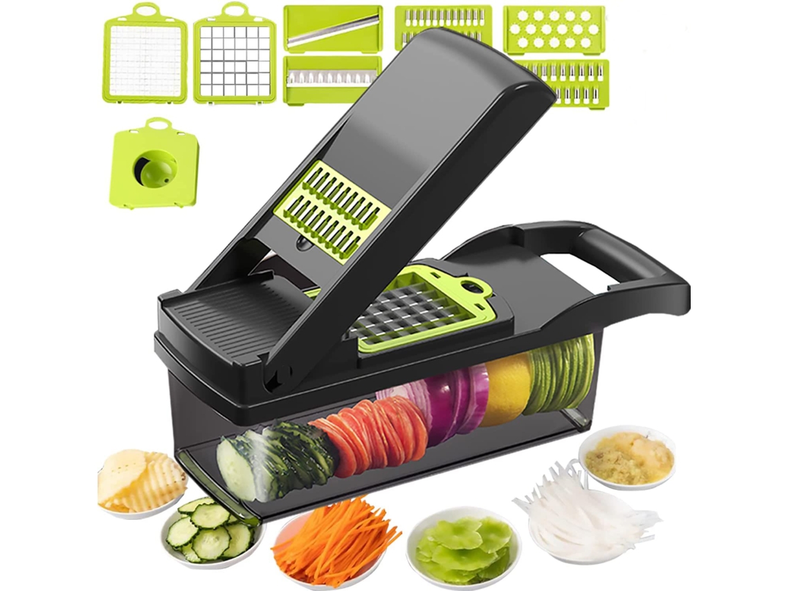 Fatiador de vegetais mandoline 12 em 1 Slowmoose com lâminas substituíveis, peneira e recipiente