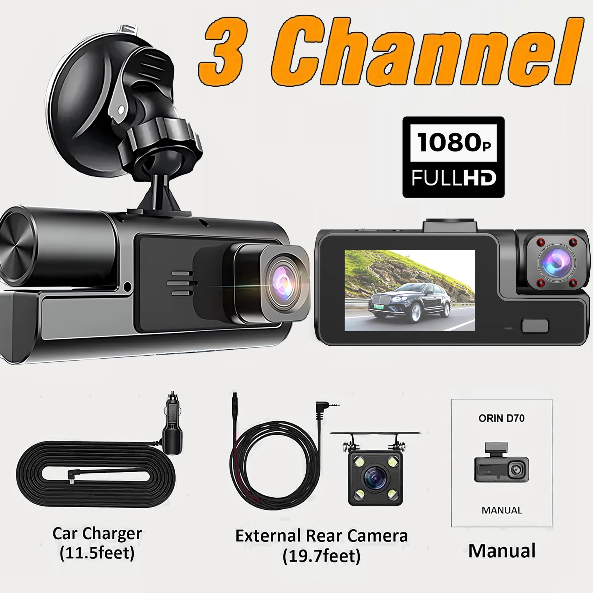 (cartão Sd De 32 Gb, 3 Lentes) Gravador De Estacionamento Dvr Para Carro Com Visão Noturna 1080p E Gravação 24 Horas