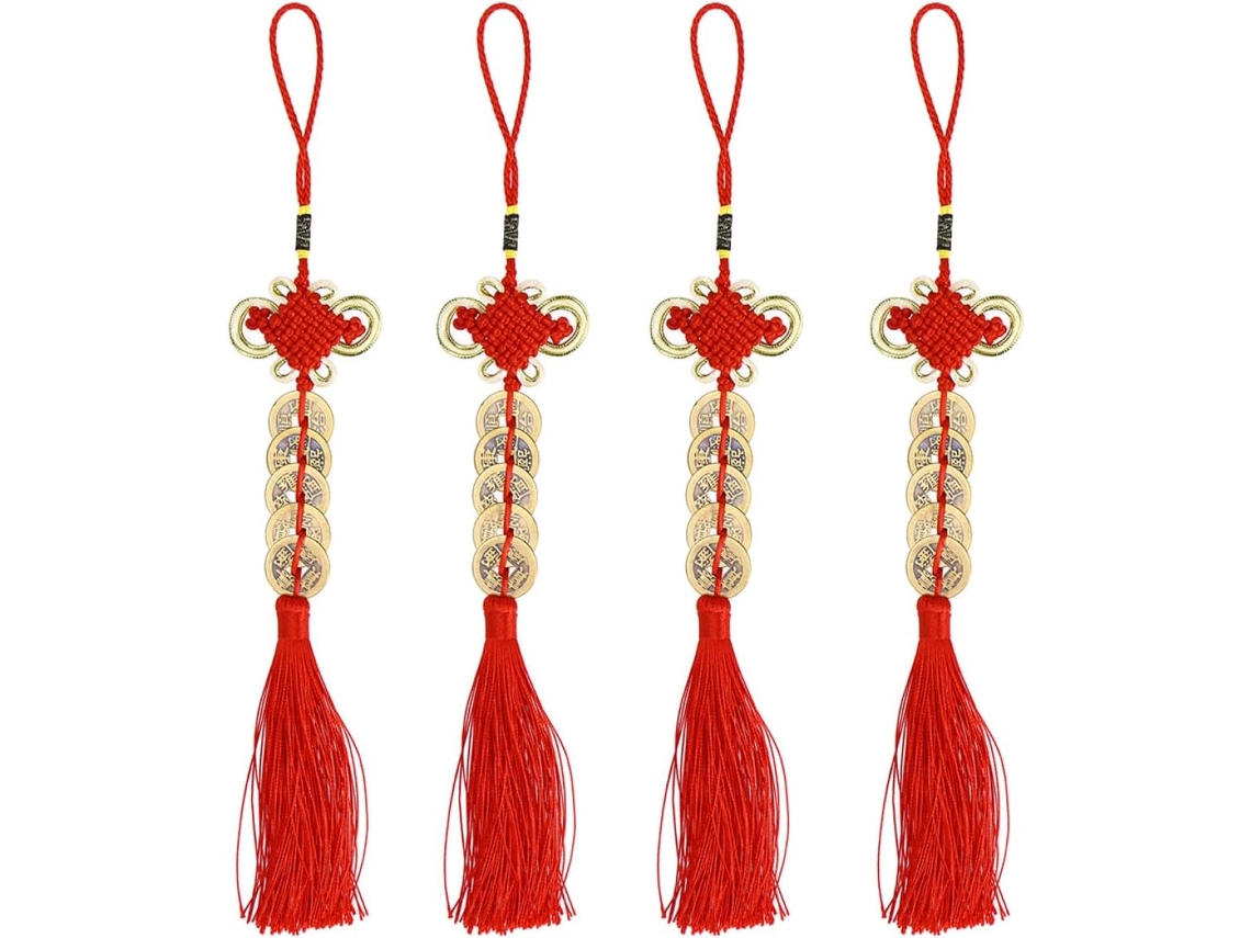 Decoração Chinês 4 Pompons Chineses Cobre 5 Moedas Imitação Vermelhas Carro Festa Vários Estilos Ano Novo Feng GOKOCO