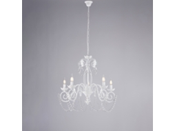 Damasco Lustre Em Ferro Lacado Branco Com Decoração. Efeito Shabby Chic E Strass Cristal 5 Luzes 125 Ø63 Bl77 5 Bco Belight