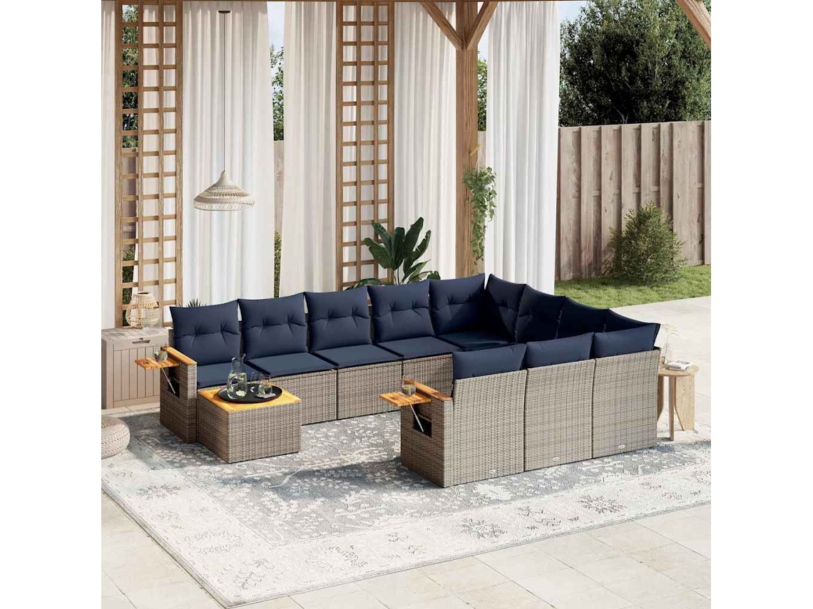 Vidaxl 11 Pcs Conjunto Sofás De Jardim C/ Almofadões Vime Pe Cinzento