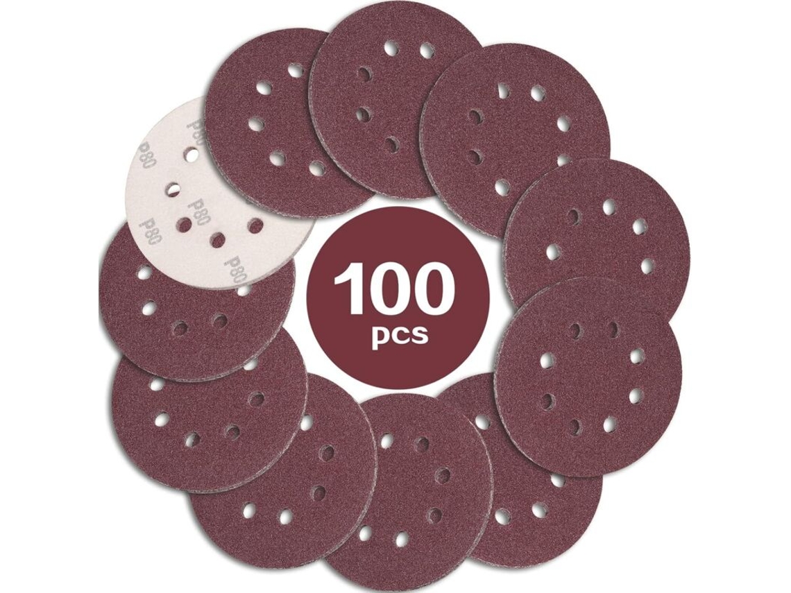 100 folhas de lixa de 125 mm, grão 80 e 8 furos, perfeitas para lixamento/polimento excêntrico