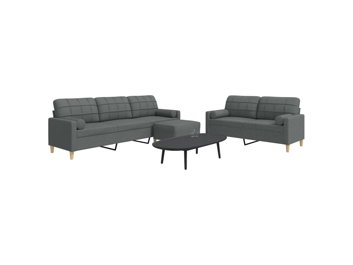 Vidaxl 3pcs Conjunto Sofás C/ Almofadões/apoio Pés Tecido Cinza-escuro