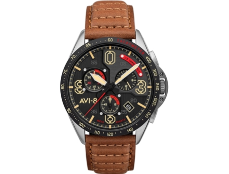 Relógio masculino marrom couro real P-51 Mustang cronógrafo Av-4077-02 AVI-8