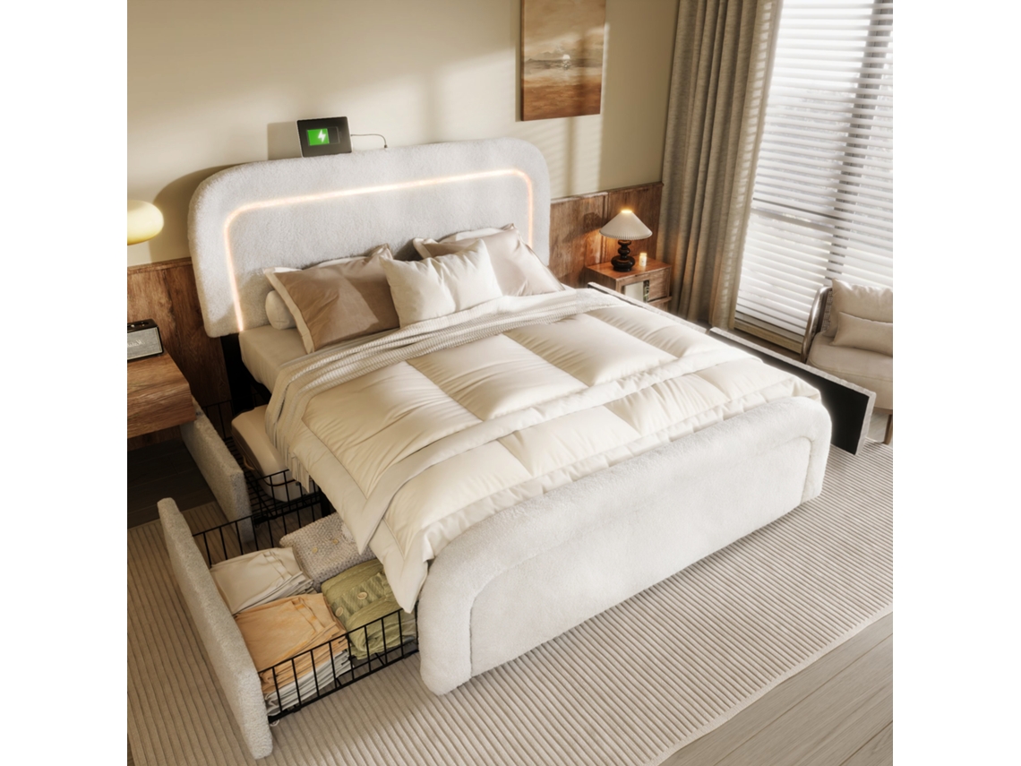 Cama 140x200 Com Usb-c, Led, 4 Gavetas E Cedro Branco