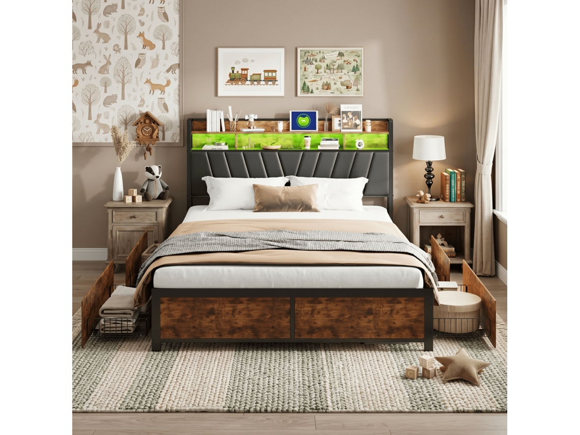 Cama de Casal com 4 Gavetas, 140x200cm, Madeira e Metal, Cabeceira com Estantes, Luzes Led, USB, Preto SIMURQ