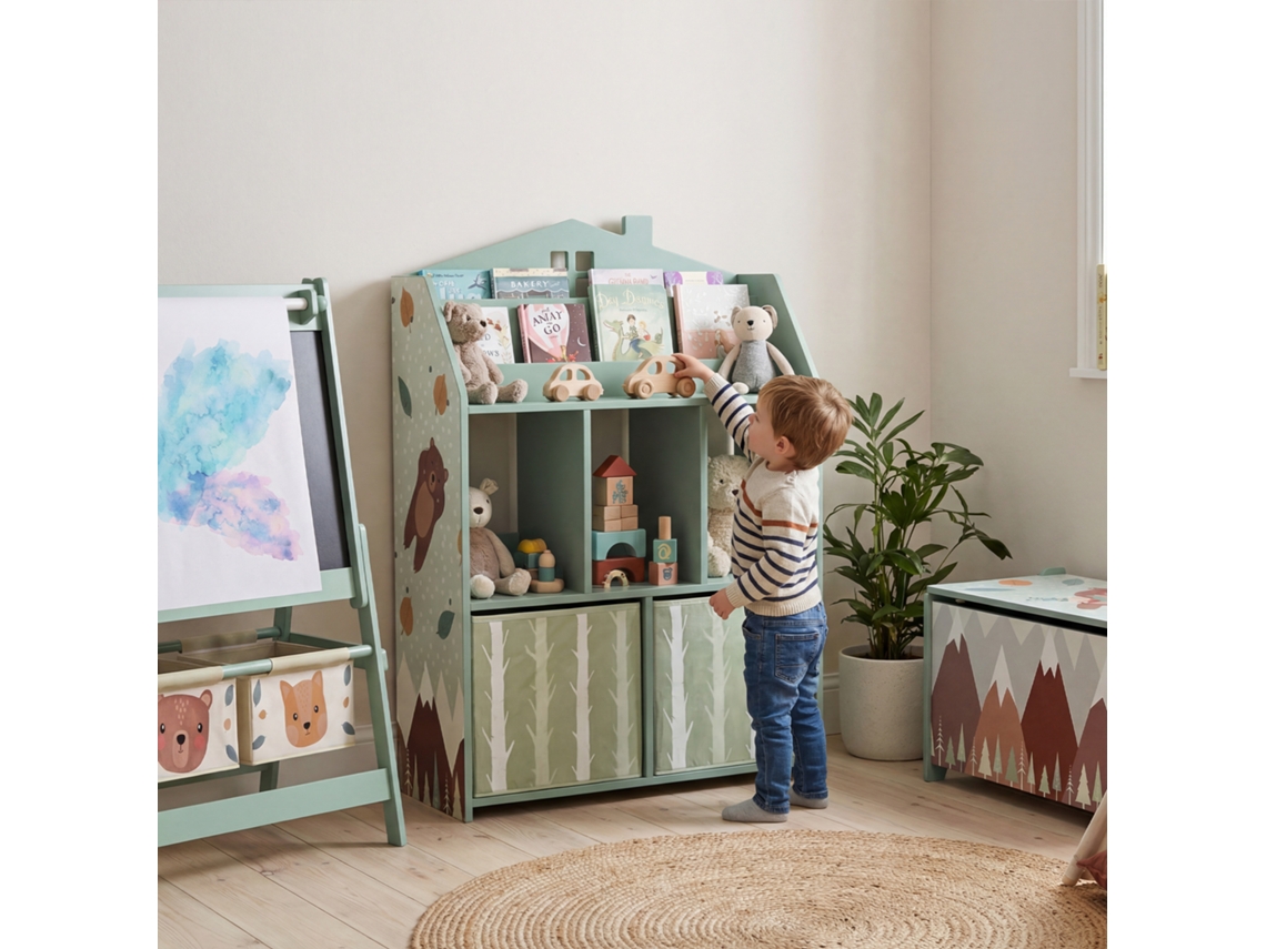 Estante Infantil para Brinquedos C/gavetas Tecido Prateleiras Abertas Design de Ursinhos Organizador Verde