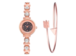 Relógio Analógico Feminino Slim com Pulseira de Liga e Strass Rosa Dourado+preto