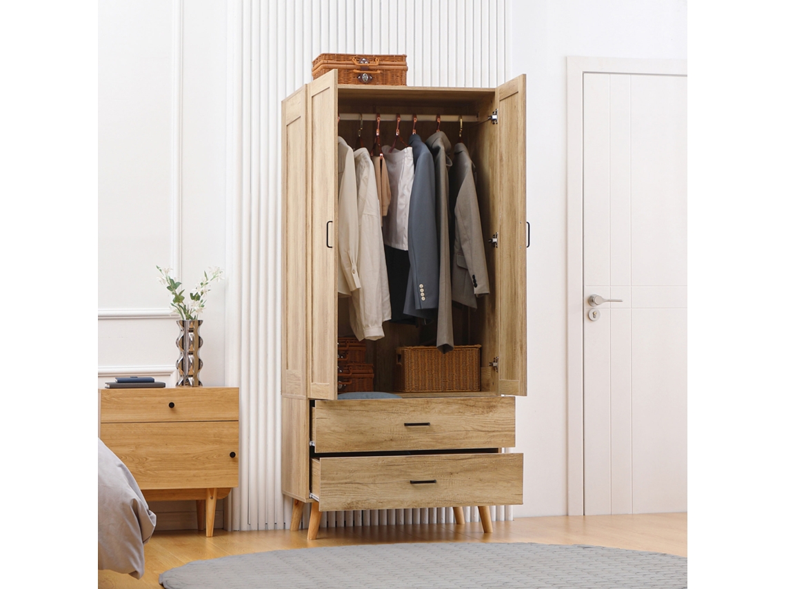 Armoire À Vêtements Armoire De Rangement 2 Portes Et 2 Tiroirs Avec Tringle - 80 X 54 X 180 Cm