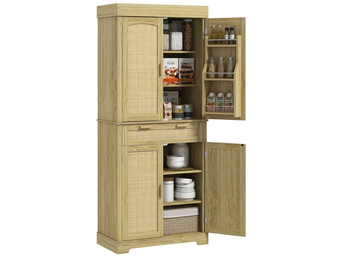 Armário de cozinha boho com 2 armários, gaveta e porta temperos, madeira e rattan, 76x40x183cm, carvalho BTFORUS