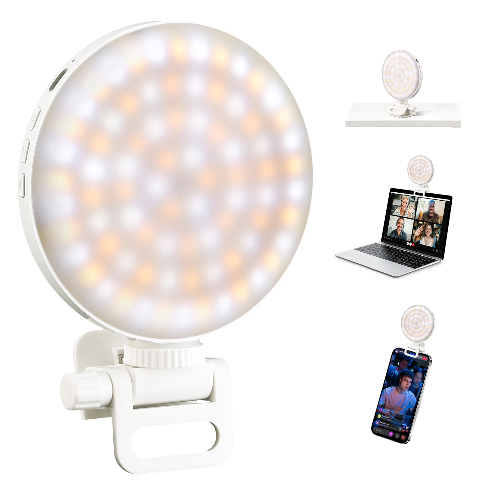 Luz De Selfie Com Clip Recarregável, 12 Níveis De Brilho, Ajuste 360°+90°