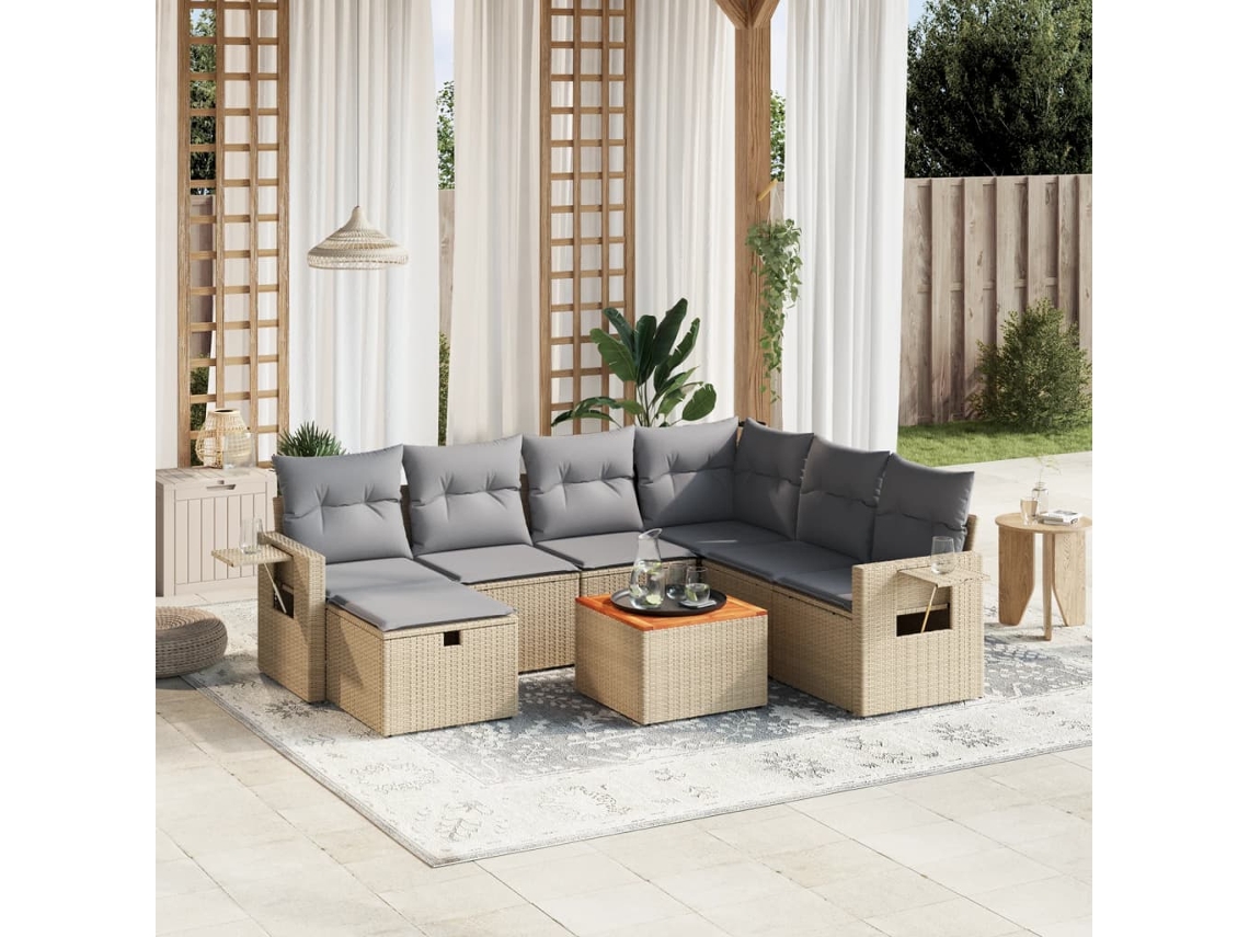 Vidaxl 8 Pcs Conj. Sofás Jardim C/ Almofadões Vime Pe Bege Misturado