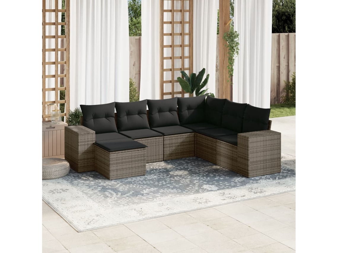 Vidaxl 7 Pcs Conjunto Sofás P/ Jardim C/ Almofadões Vime Pe Cinzento